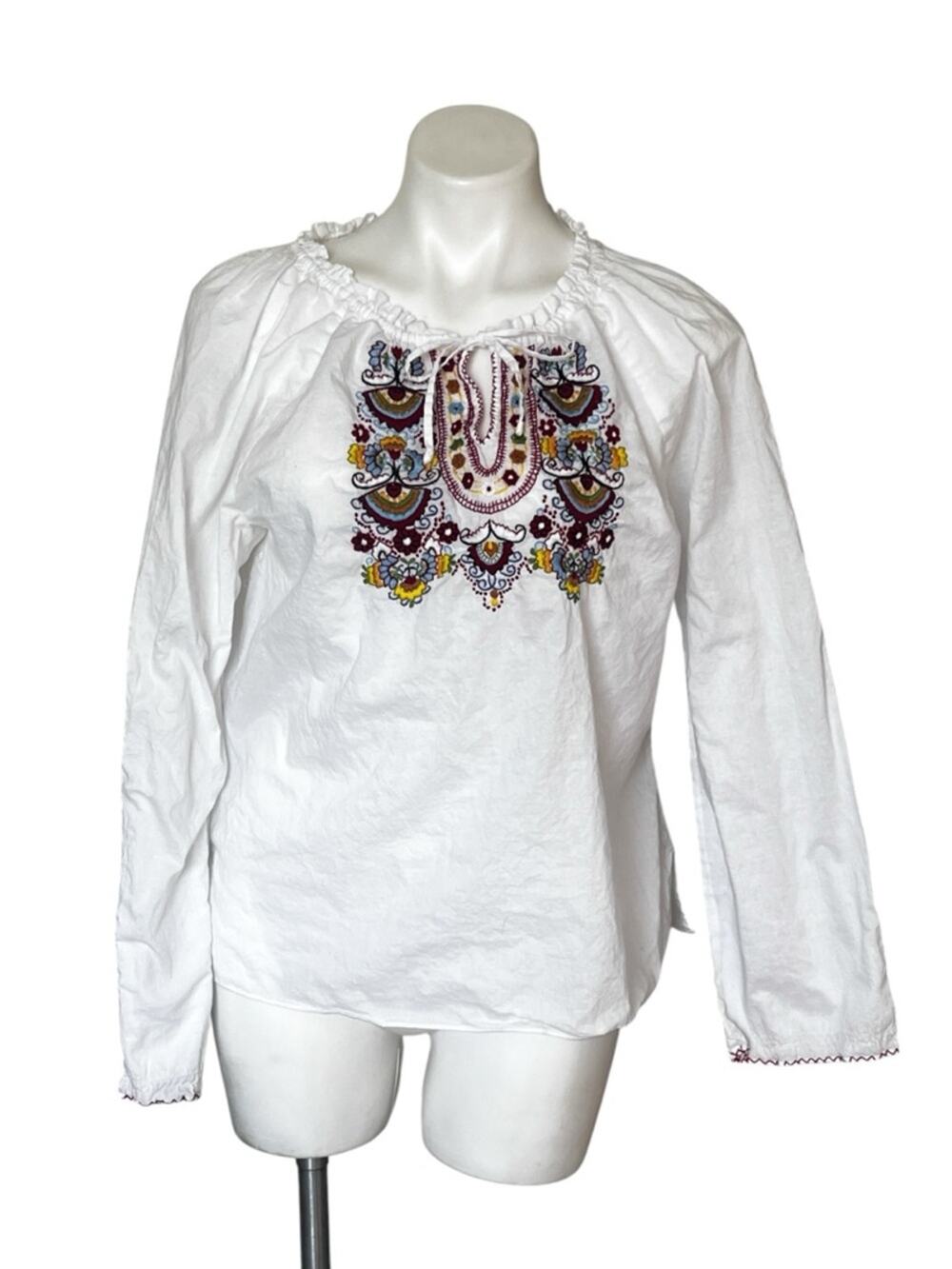 ECI New York 100% Cotton White Embroidered Peasant Blouse size XL